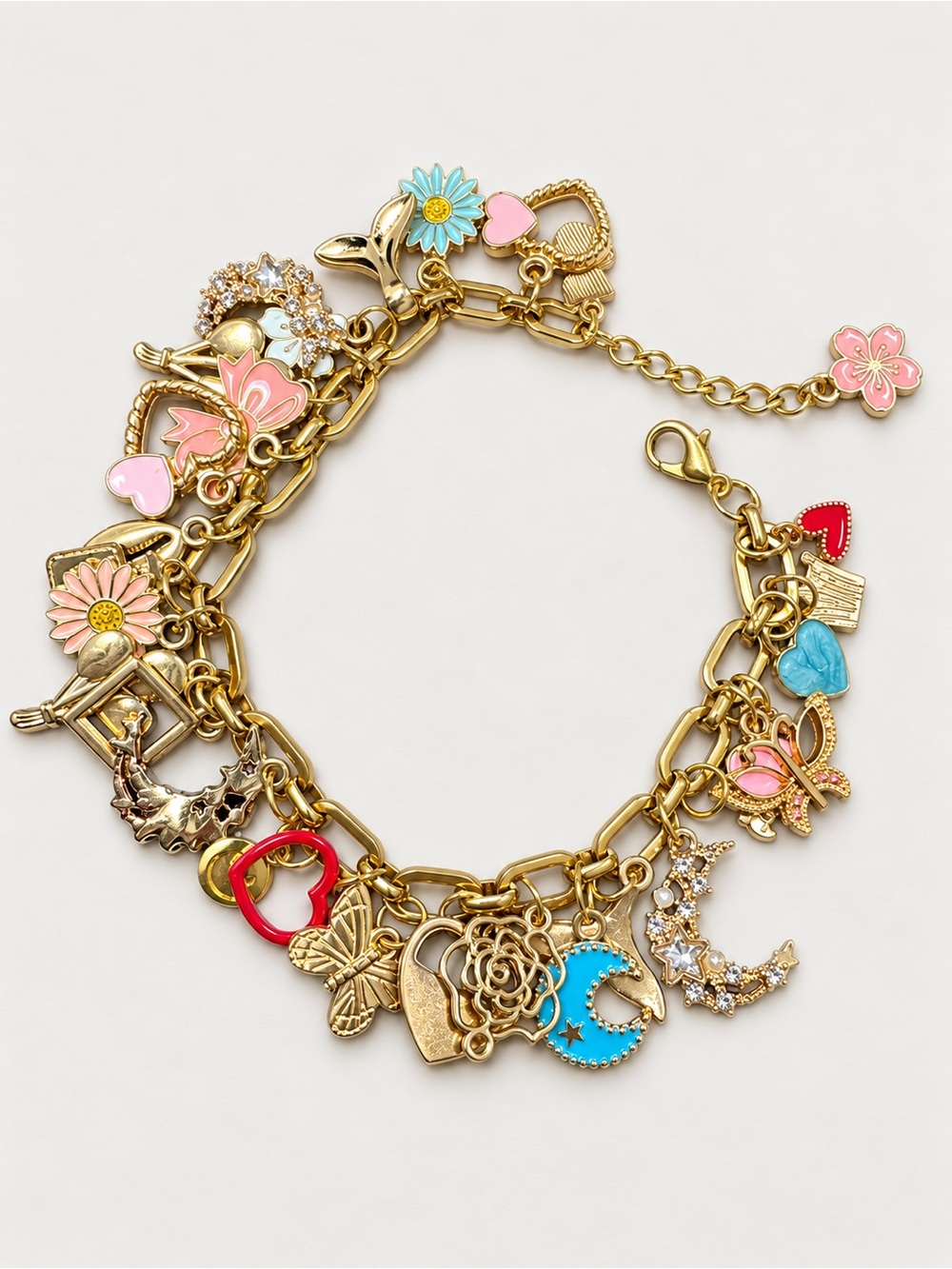 Gold Charm Bracelet with Pink & Turquoise Enamel Accents